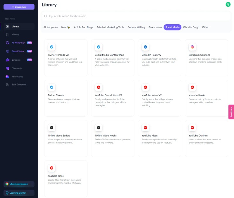 Writesonic dashboard AI